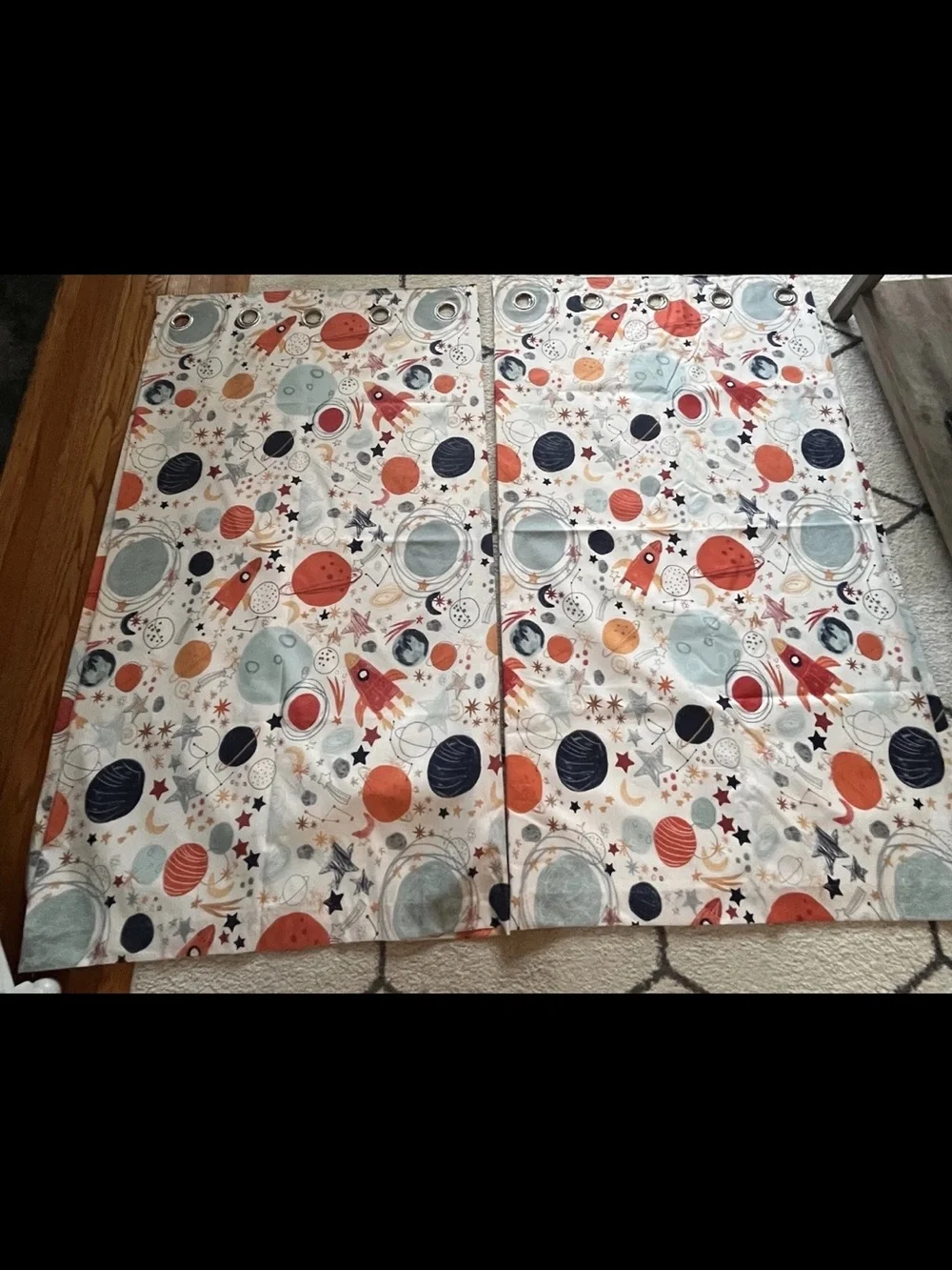 Next Kids Space Doodle Planets Black Out Curtains Blue Orange White 66”x54”